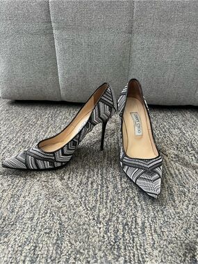 Jimmy Choo Black & White Patterned Pointed Toe Stiletto Pumps 38.5